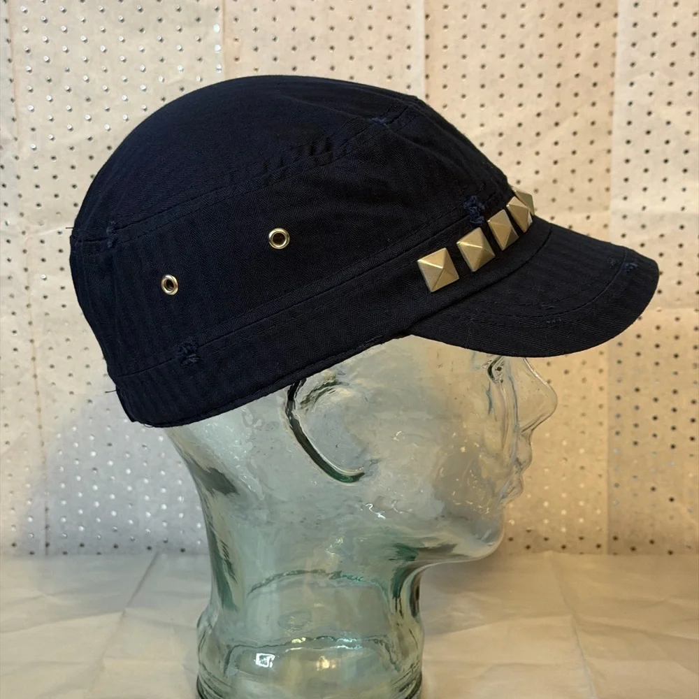Military Style Cap Hat Pyramid Studs Cotton Navy